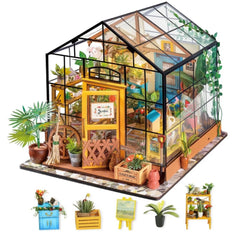 Robotime Mini Green House Cathy's Flower House DIY Dollhouse Wooden Miniature Furniture Kit with LED Best Birthday Gifts