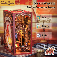 CUTEBEE Book Nook Doll House 3D Puzzle With Touch Light Dust Cover Magic Gift Ideas Bookshelf Insert Toy Gifts Flame Common Room