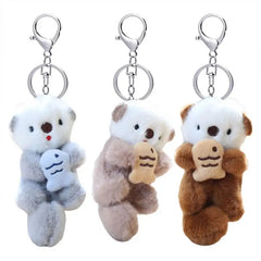 Cute Otters Holding Fish Plush toy soft Stuffed Animal Doll Key rings School Bag Pendant Props Keychain Accessories