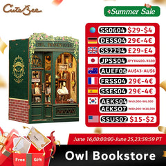 CUTEBEE DIY Book Nook Miniature Wooden Dollhouse with Lights Bookshelf Insert Kit 3D Bookend Decor Toys for Gifts Owl Bookstore