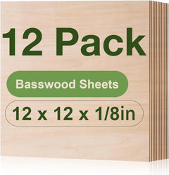 Robotime 12-Pack 3mm Basswood 12 x 12 x 1/8 Inch Craft Wood A/A Grade Basswood Sheets 1/8