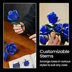 Blue Roses Bouquet Building Set Artificial Flowers Botanical Home Decoration Floral Blocks Kit for Adults Mother's Day Gifts